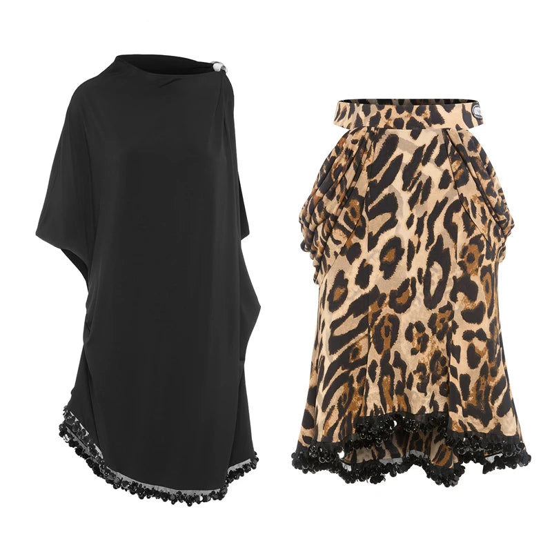 Women's Black & Leopard Print Sequin Trim Asymmetrical Latin Dance Dress