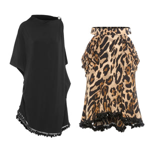 Women's Black & Leopard Print Sequin Trim Asymmetrical Latin Dance Dress