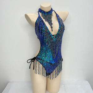 Belly Dance Leotard, Women's, Blue Sequin & Beaded Fringe Halter Neck, Belly Dance