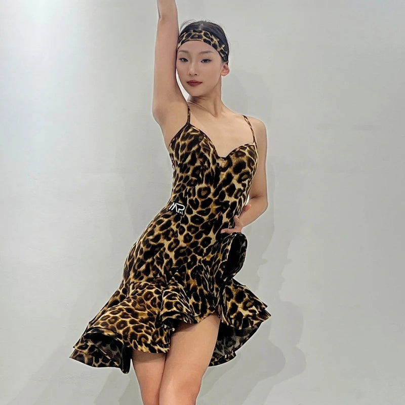 Women's Leopard Print Ruffle Hem Latin Dance Dress with Headband