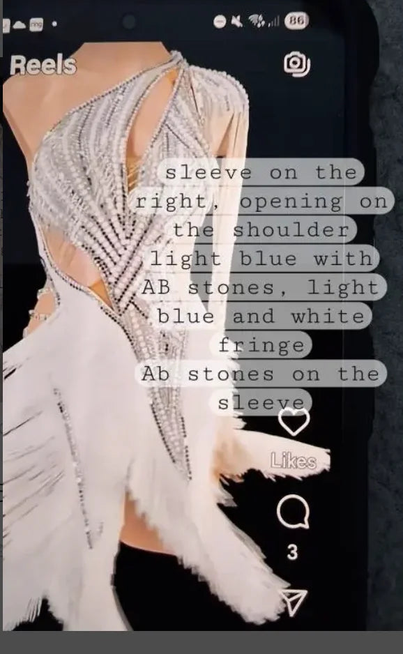 Ballroom Dance Dress Women's Light Blue & White Fringe, One-Shoulder AB Stone Embellished Latin Rhythm Gown