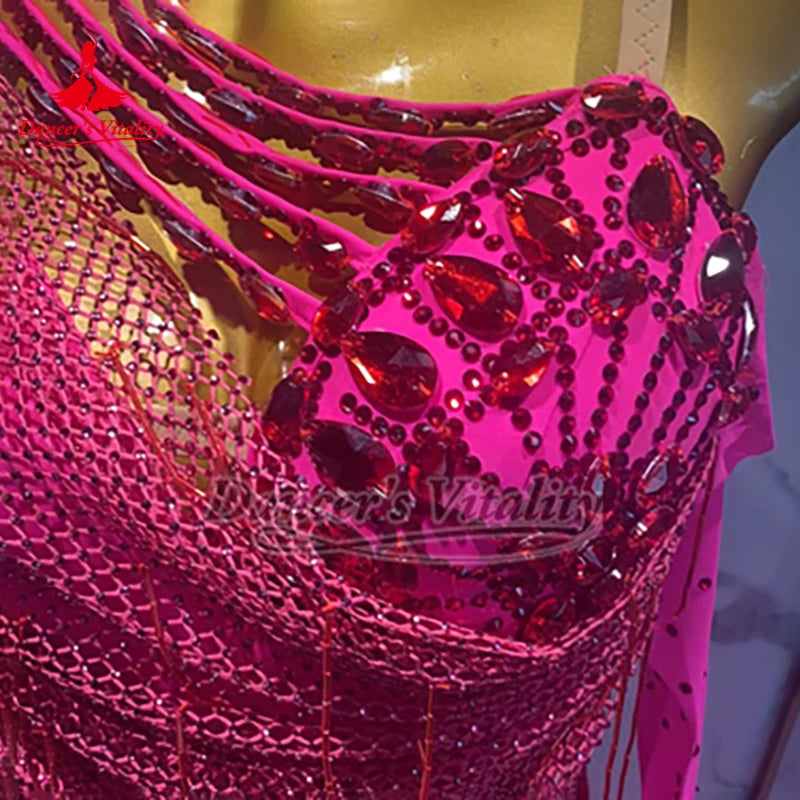 Ballroom Dance Dress Women's Fuchsia Sequin & Rhinestone Open Back Asymmetrical Neckline with Feather Boa Standard Smooth Dance Gown