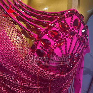 Ballroom Dance Dress Women's Fuchsia Sequin & Rhinestone Open Back Asymmetrical Neckline with Feather Boa Standard Smooth Dance Gown