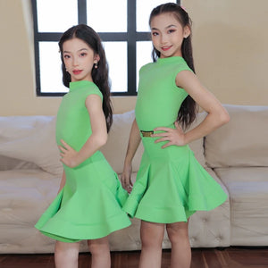 Girls Pink Short Sleeve Mock Neck Ruffle Latin Dance Dress