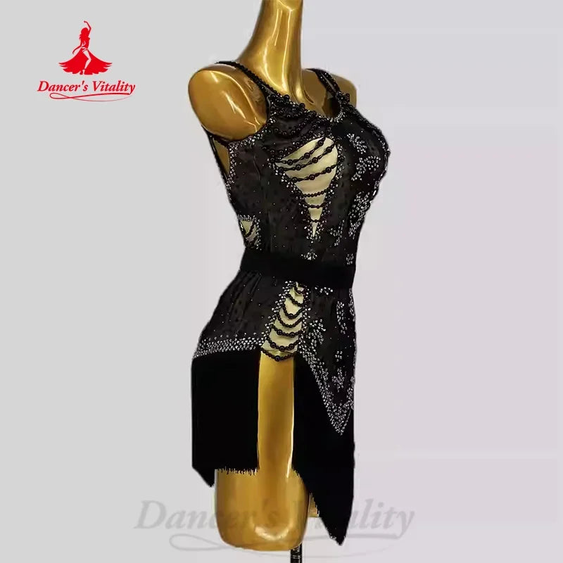 Latin Dance Dress Women Black Beaded Mesh Tassel Sleeveless Performance Costume