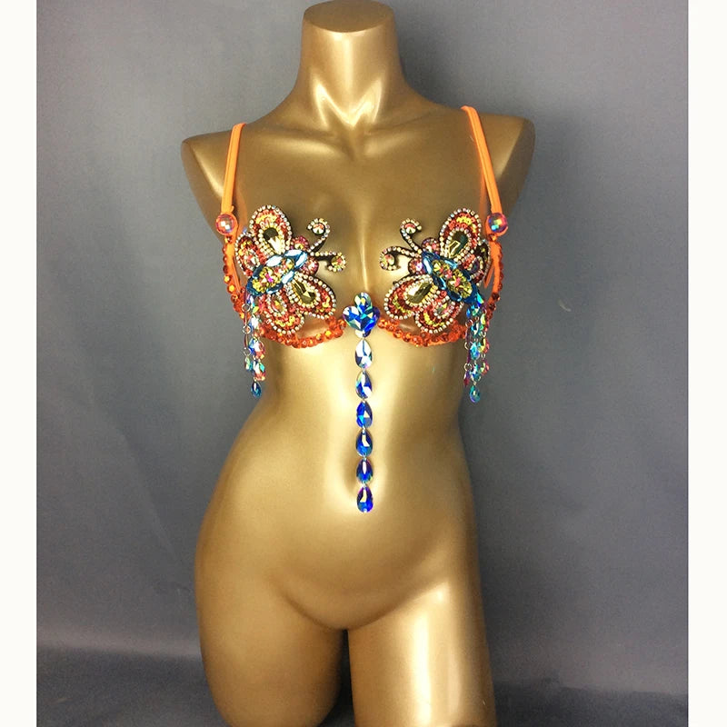 Belly Dance Top Womens Pink and Blue Beaded Halter Bra with Rhinestones and Dangles for Performance and Practice