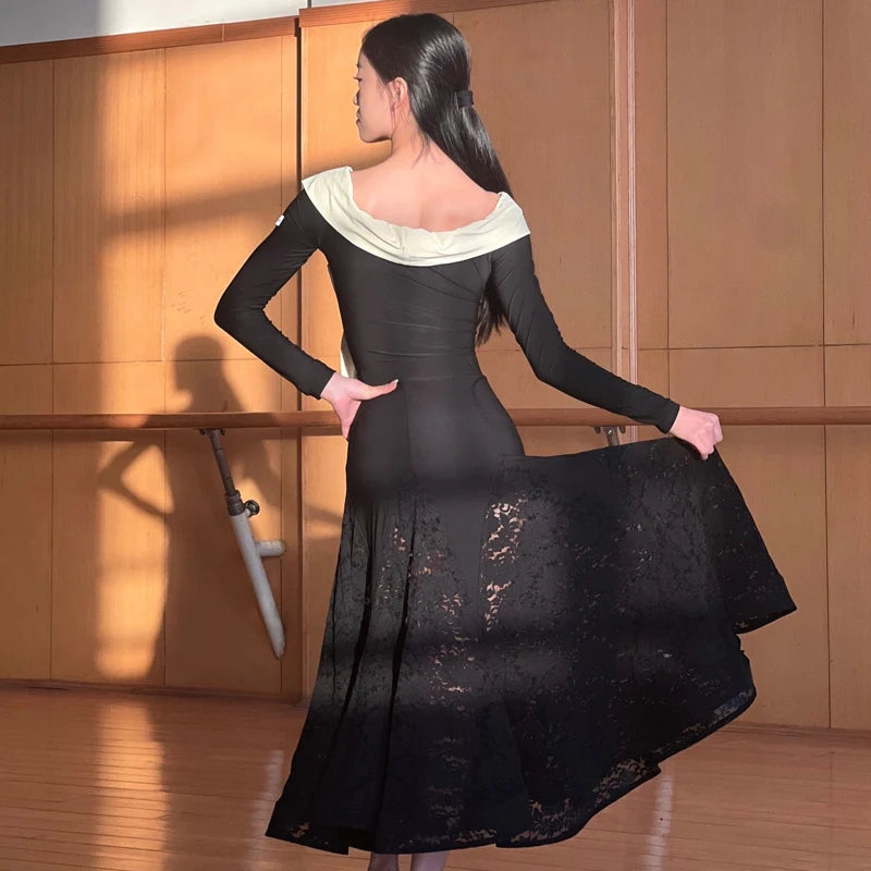 Women's Black and Cream Off-Shoulder Long Sleeve Lace Ballroom Dance Dress