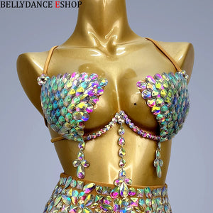 Belly Dance Costume Women's Iridescent Sequin & Rhinestone Bra and High-Waisted Briefs Set - Latin Samba Rave Performance