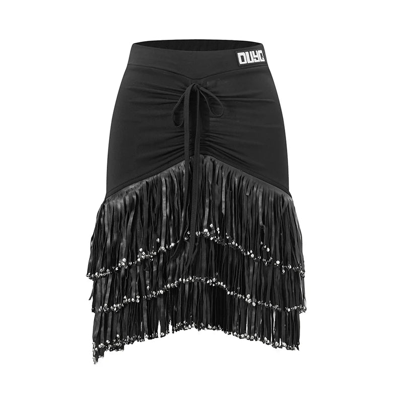 Women's Black Long Sleeve Button-Front Dance Shirt with Tiered Fringe Latin Skirt