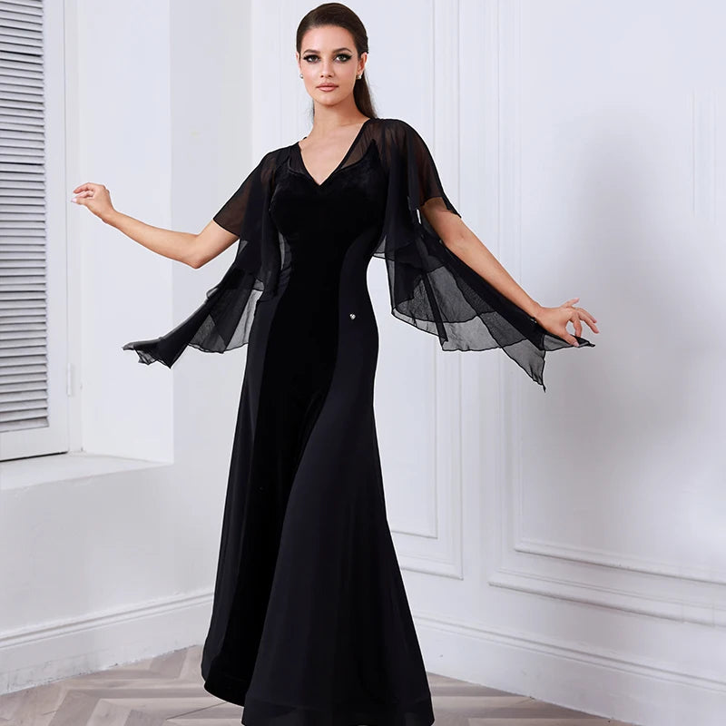 Women's Black Velvet and Chiffon V-Neck Ballroom Dance Dress with Flutter Sleeves