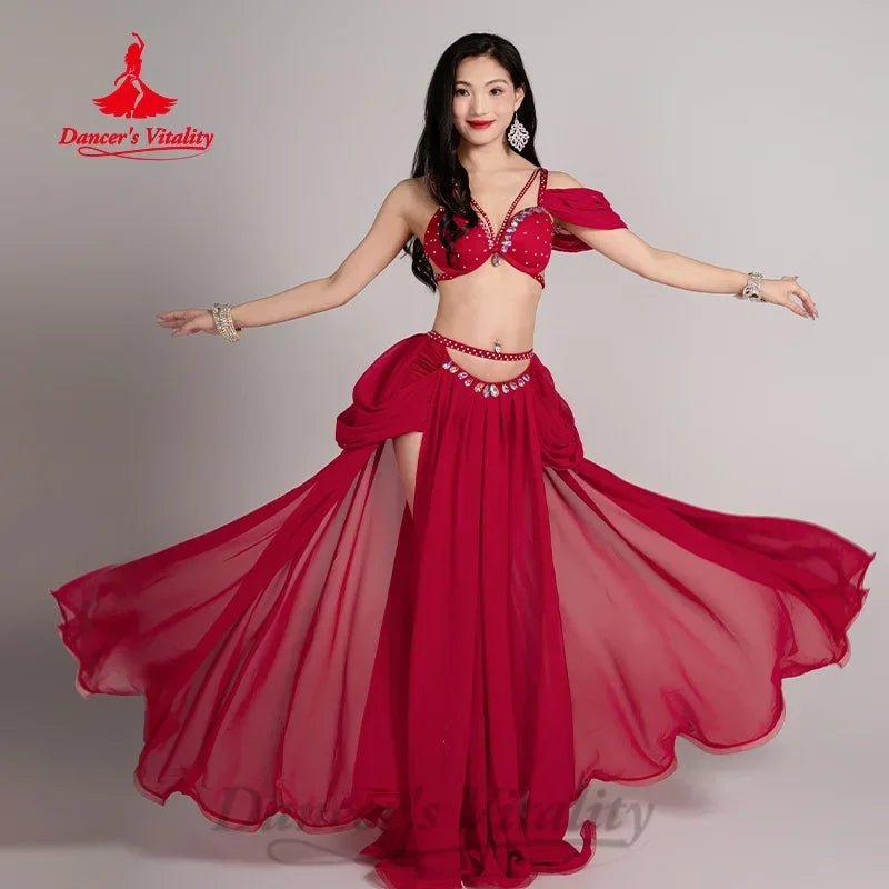 Belly Dance Costume, Women's Hot Pink Chiffon Beaded Halter Top & Skirt Set, Flowy Performance Apparel