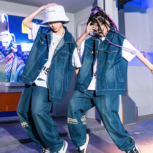 Kids' Unisex Blue Denim Hip Hop Dance Outfit with Vest, White T-Shirt, and Loose-Fit Pants