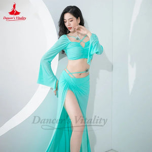 Belly Dance Costume Women Peach Long Sleeve Crop Top with Flared Sleeves and High Slit Skirt