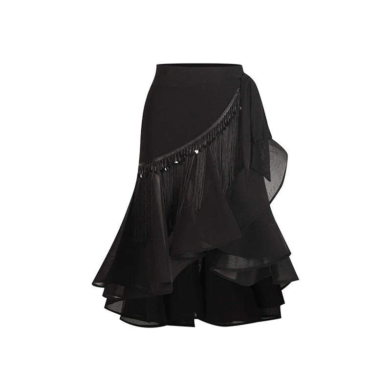 Women's Black Long Sleeve Knot Front Crop Top and Leopard Print Ruffle Skirt Latin Dancewear Set