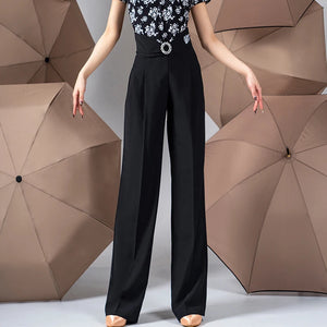 Women's Black & Green High Waist Pleated Wide Leg Ballroom Dance Pants