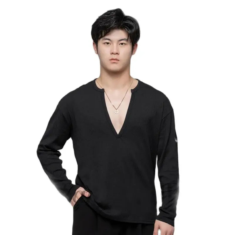 Men's Black & White V-Neck Long Sleeve Textured Latin Dance Shirt