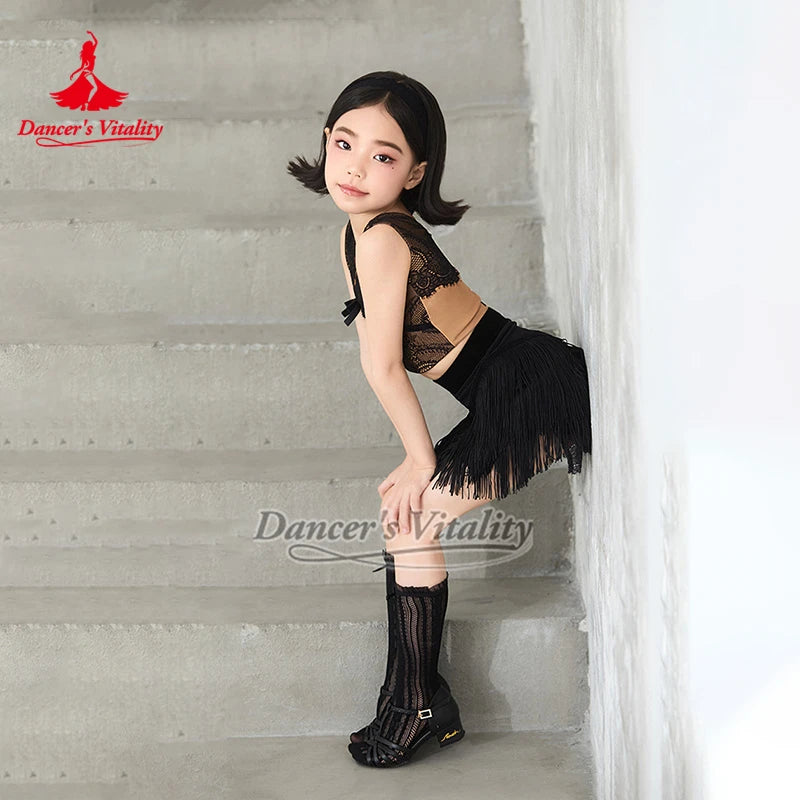 Kids Girls Black Lace Crop Top Fringe Skirt Latin Dance Costume