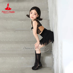 Kids Girls Black Lace Crop Top Fringe Skirt Latin Dance Costume