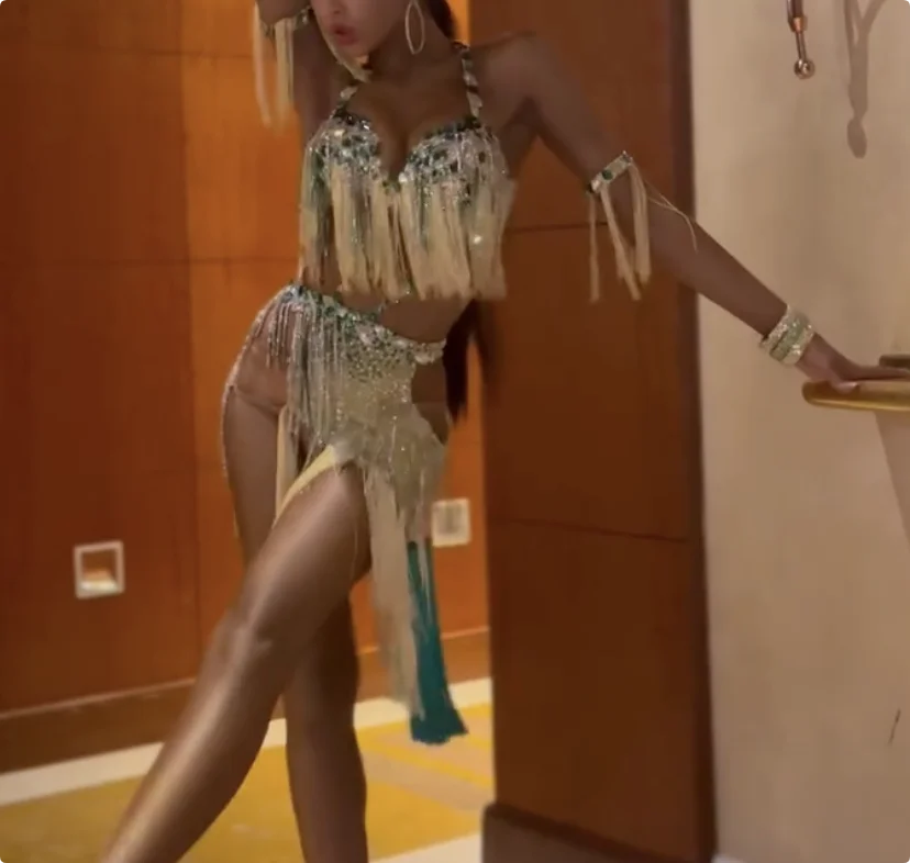 Belly Dance Costume Women's Emerald Green & Silver Sequin Fringe Halter Top & Skirt Set with Armbands, Belly Dance