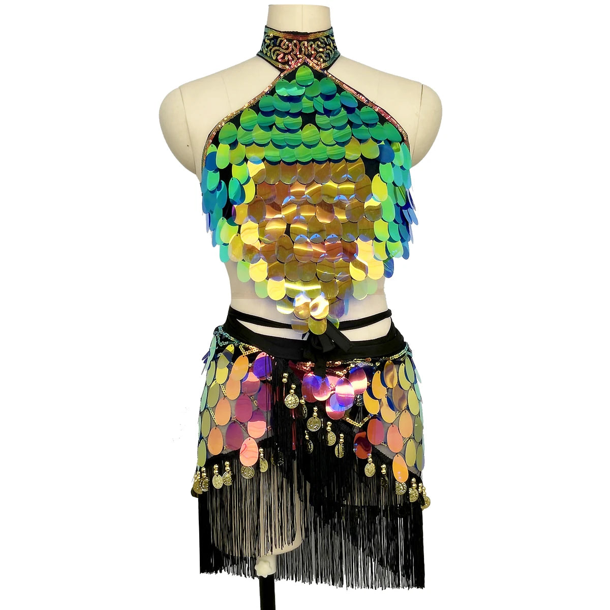 Belly Dance Halter Top and Skirt Set, Women's Iridescent Sequin Fringe Latin Dance Costume