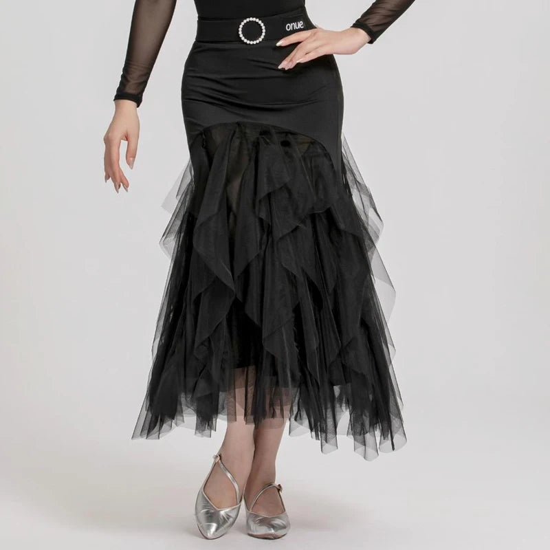 Ballroom Dance Dress Women's Black Mesh Long Sleeve V-Neck Ruffle Skirt with Belt, Latin Dance