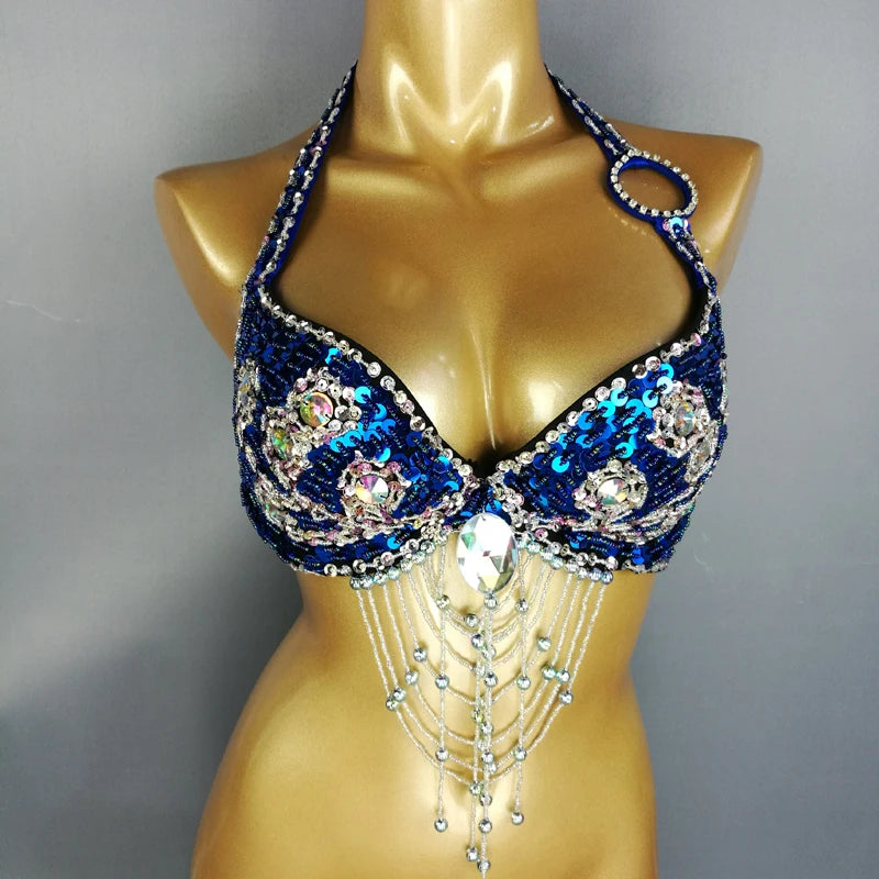 Belly Dance Halter Top, Women's Teal Sequin & Beaded Crystal Bra with Dangles, Performance Costume