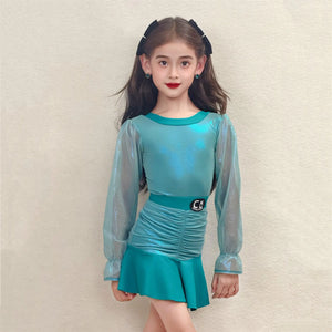 Girls' Aqua Green Shimmer Long Sleeve Ruched Skirt Dance Dress - Latin/Ballroom