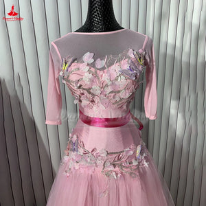 Ballroom Dance Dress Women's Pink Floral Embroidered Mesh Tulle Long Sleeve Open Back Waltz Foxtrot Standard Dance Gown