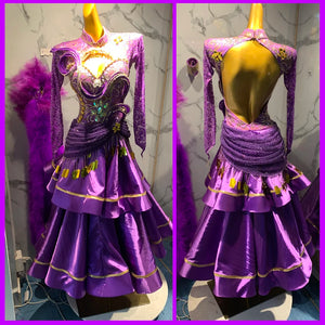 Latin Ballroom Dance Dress Women Purple Beaded Open Back Tiered Ruffle Skirt with Gold Trim