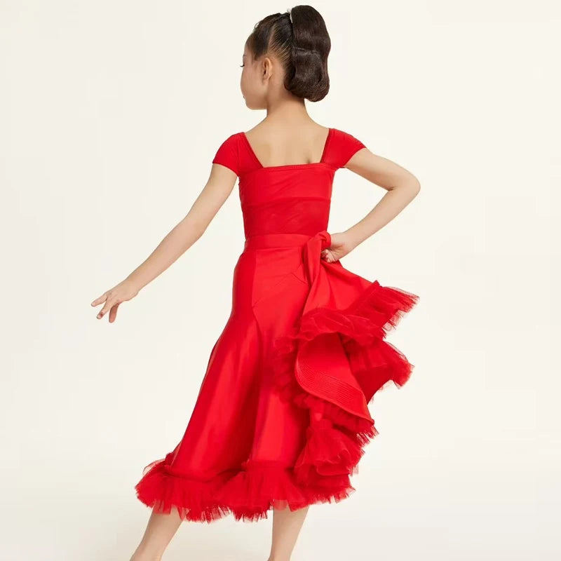 Girls Red Mesh & Ruffle Latin Ballroom Dance Dress with Square Neckline