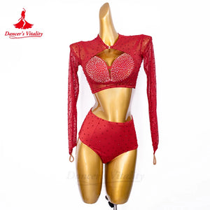 Latin Dance Costume Women's Black Rhinestone Mesh Long Sleeve Crop Top and High Waist Shorts