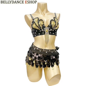 Women's Blue Sequin Beaded Fringe Belly Dance Costume Bra and Belt Set