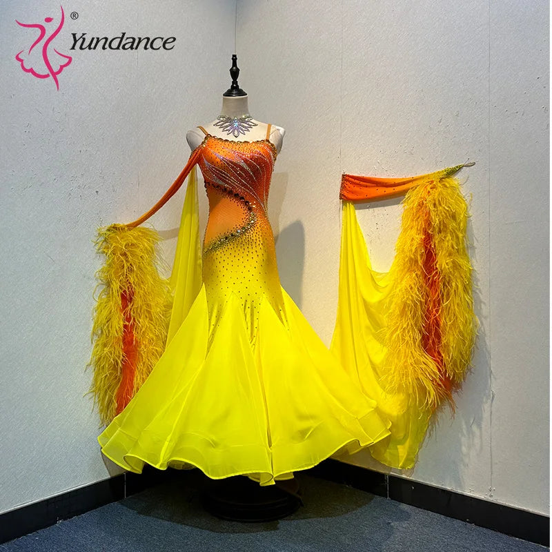 Women's International Standard Ballroom Dance Dress With Ostrich Feathers In Chiffon For Competition
