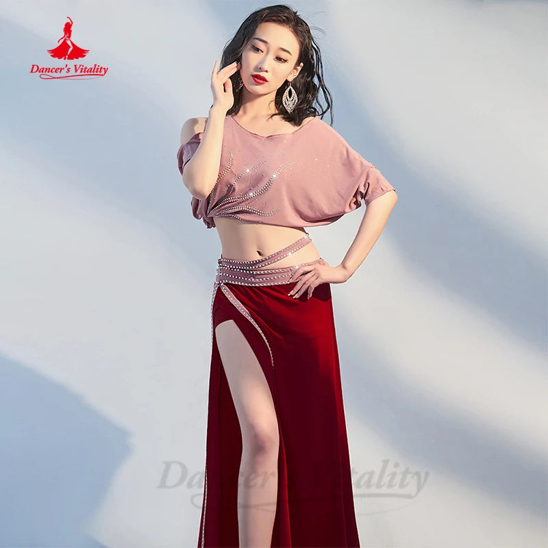 Women's Pink Sequin Batwing Top and Red High-Slit Skirt Belly Dance Costume
