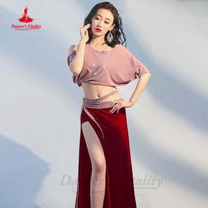 Women's Pink Sequin Batwing Top and Red High-Slit Skirt Belly Dance Costume