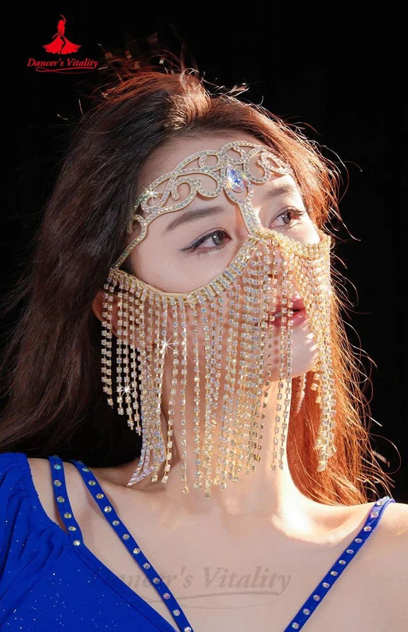 Belly Dance Face Veil Mask, Women's Gold Sparkly Rhinestone Tassel Headpiece, Egyptian Dance Jewelry Accessory
