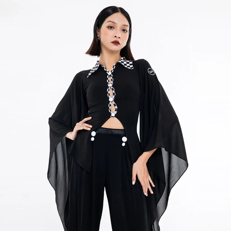 Women's Black Checkered Collar Bell Sleeve Flowy Top & Wide Leg Pants Latin Dancewear
