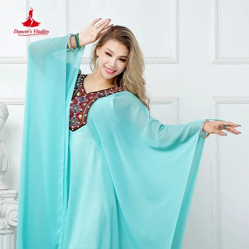 Women's Aqua Chiffon Embroidered V-Neck Kaftan Belly Dance Costume