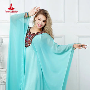 Women's Aqua Chiffon Embroidered V-Neck Kaftan Belly Dance Costume