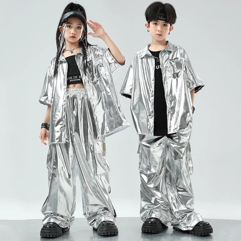 Kids' Silver Metallic Hip Hop Dance Costume Set, Loose Fit Short Sleeve Shirt & Cargo Pants