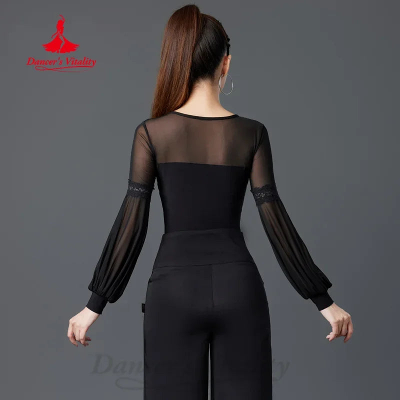 Women's Black Mesh Long Sleeve Blouse with Lace Detail for Latin Dance