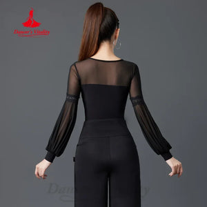 Women's Black Mesh Long Sleeve Blouse with Lace Detail for Latin Dance