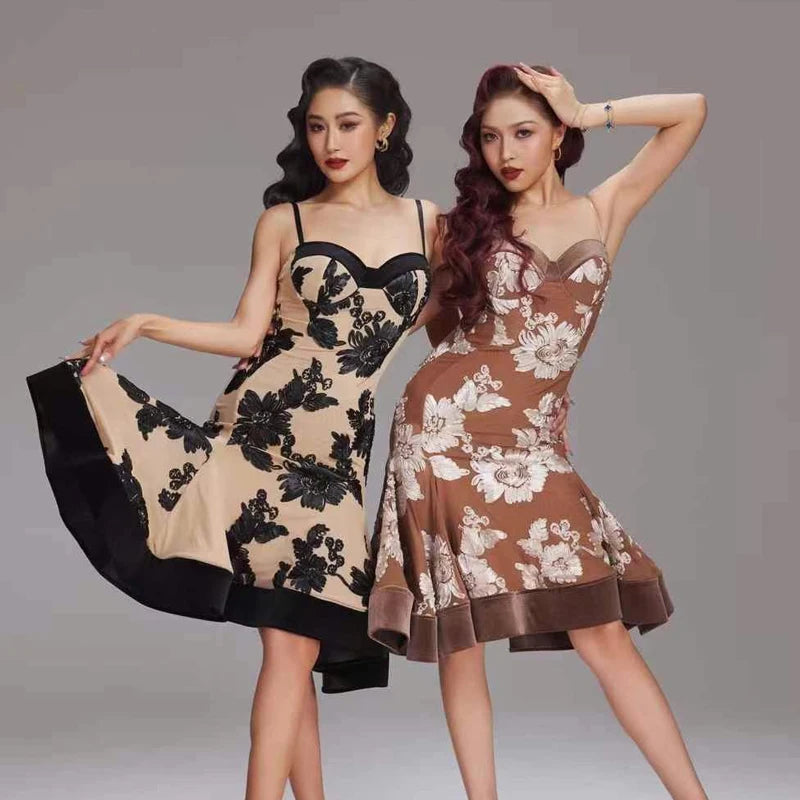 Women's Beige Black Floral Lace Latin Dance Dress - Spaghetti Strap, Asymmetrical Hem