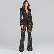 Elegant Lace Blazer and Flared Pants Two-Piece Suit in Slim Fit