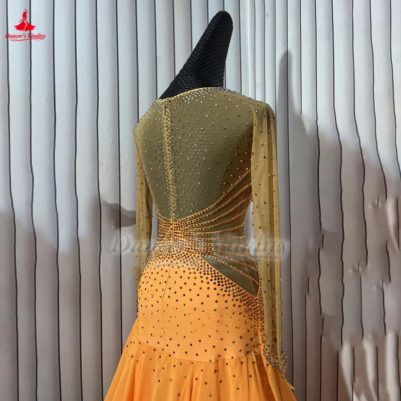 Ballroom Dance Dress With Sheer Mesh Back Light Orange For Women & Girls Competition Waltz Foxtrot Tango