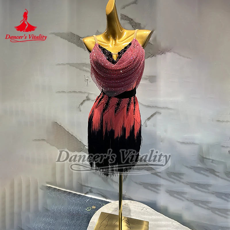 Women's Pink & Black Sequin Fringe Latin Dance Dress