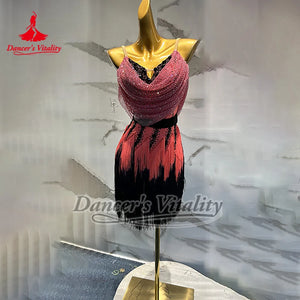 Women's Pink & Black Sequin Fringe Latin Dance Dress