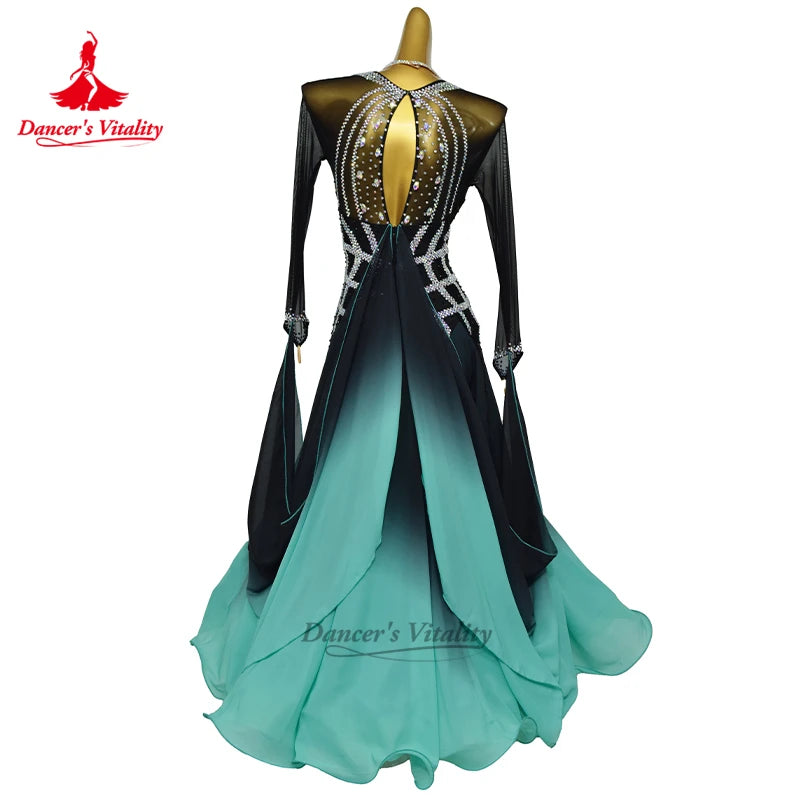 Women's Ballroom Dress Long Sleeve Gradient Chiffon Full Skirt For Waltz Foxtrot Quickstep Competition