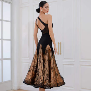 Ballroom Dress Women's Black and Gold Lace Mesh One Shoulder Asymmetrical Hem Standard Dance