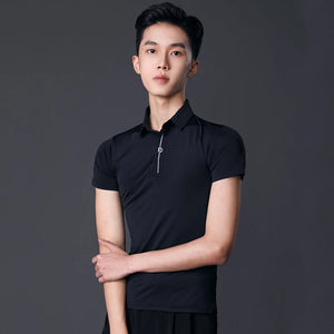 Men's Black Short Sleeve Polo Shirt with White Stripe and "ID" Logo for Ballroom Dance